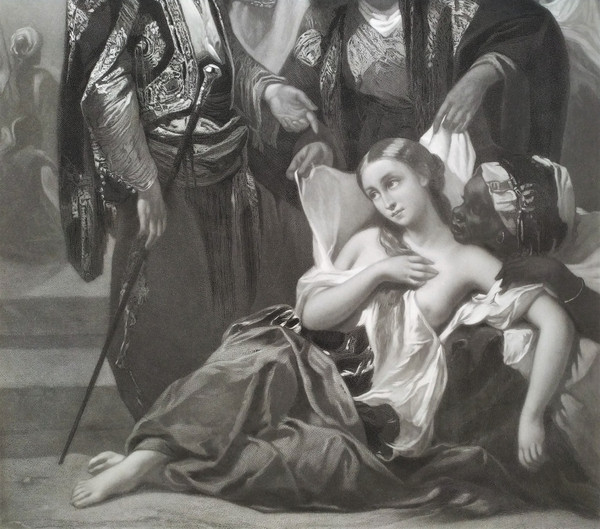 Etching  Orientalist Engraving Slave Nude Old Print