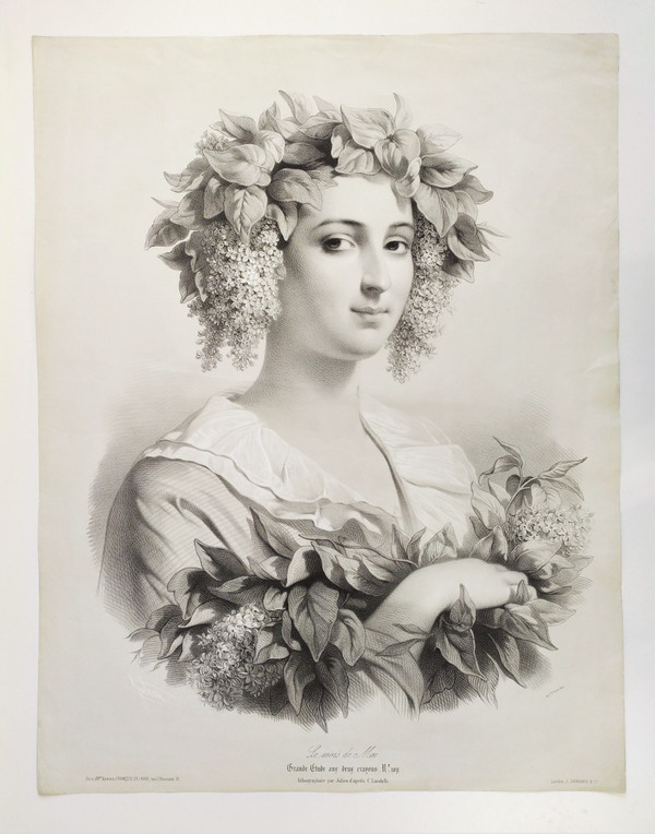 Lithography By Julien The Month Of May Lady Portrait 19th c Old Print