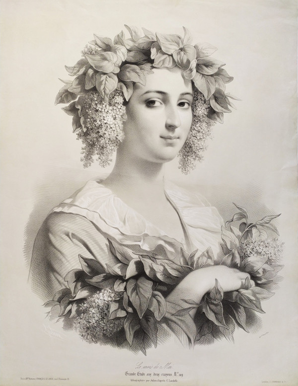 Lithography By Julien The Month Of May Lady Portrait 19th c Old Print