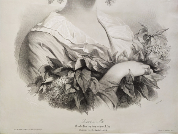 Lithography By Julien The Month Of May Lady Portrait 19th c Old Print