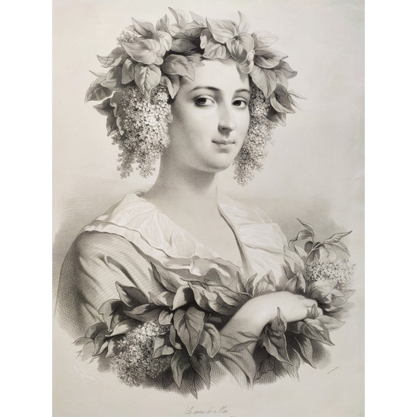 Lithography By Julien The Month Of May Lady Portrait 19th c Old Print