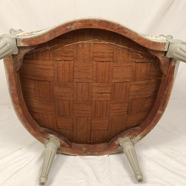 Transitional style gondola bergère in gray lacquered wood