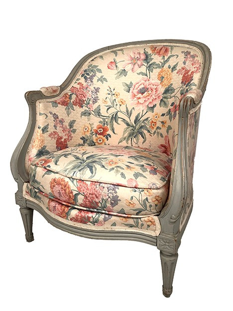 Transitional style gondola bergère in gray lacquered wood