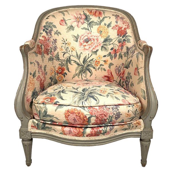 Transitional style gondola bergère in gray lacquered wood