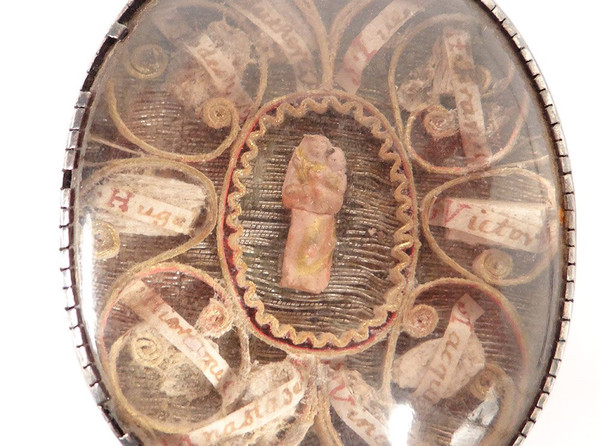 Reliquary Double Medallion 4 Faces Silver Saints Paperolle Virgin XVIIIth century