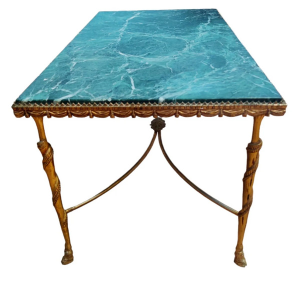 Maison JANSEN Table basse en bronze et laiton doré, marbre vert d'eau & pieds sabots