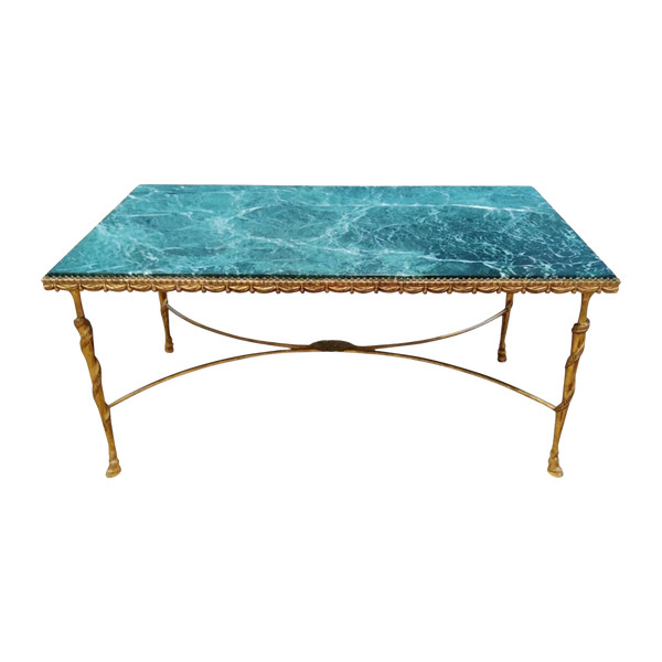 Maison JANSEN Table basse en bronze et laiton doré, marbre vert d'eau & pieds sabots