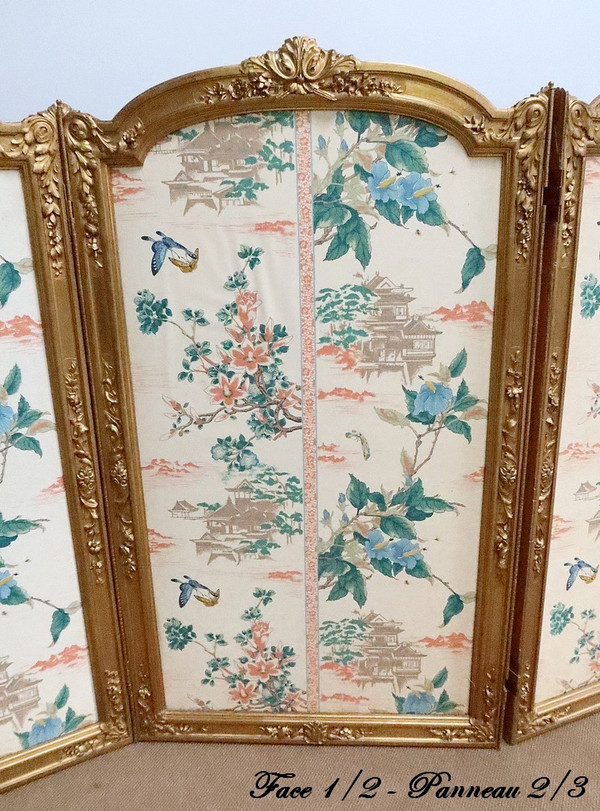 Paravent en Soie et Bois Doré, style Louis XV et décors Asiatiques – 2ème partie XIXe