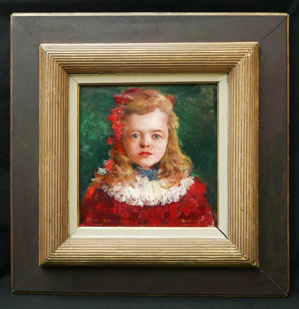 Louis-Charles SPRIET, Porträt eines kleinen Mädchens in einem roten Kleid