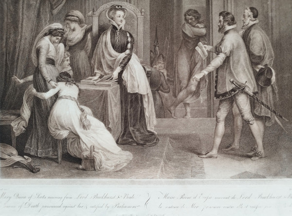 Mary Stuart Queen Of Scots Receiving Her Death Sentence 18th Century Engraving Etching Old Prin