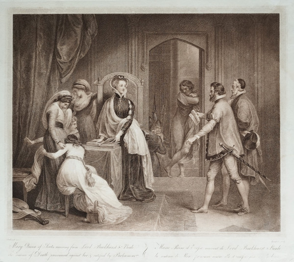 Mary Stuart Queen Of Scots Receiving Her Death Sentence 18th Century Engraving Etching Old Prin