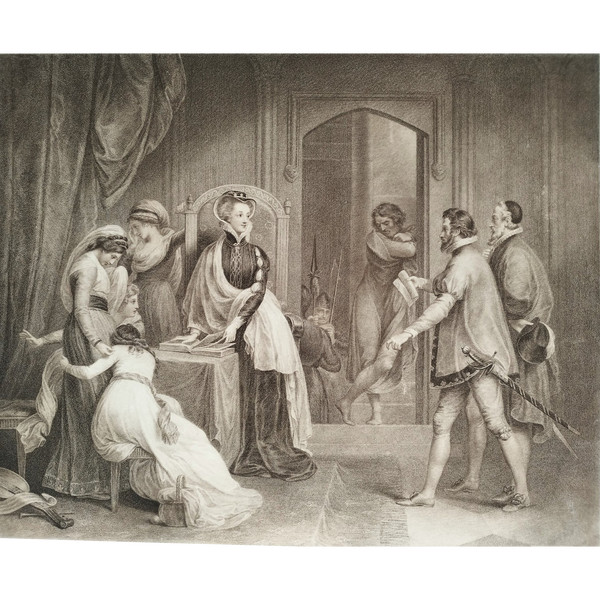 Mary Stuart Queen Of Scots Receiving Her Death Sentence 18th Century Engraving Etching Old Prin