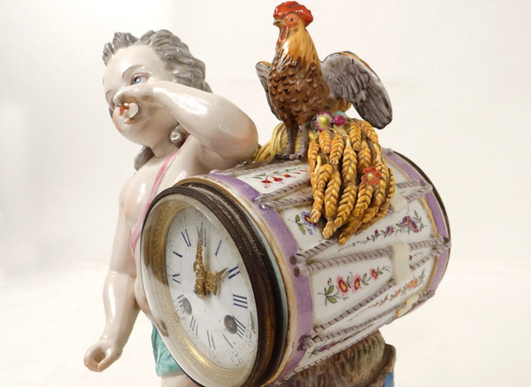 Porcelain Clock Angelot Putti Allegory Music Drum Rooster 19th