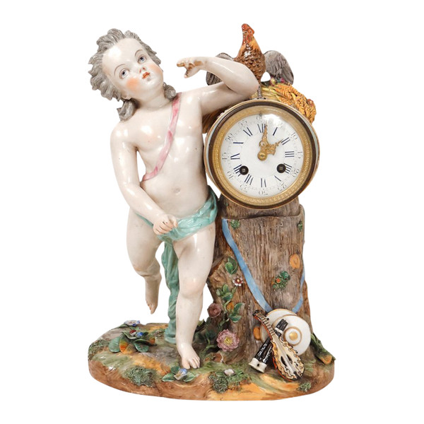 Porcelain Clock Angelot Putti Allegory Music Drum Rooster 19th