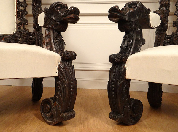 Pair of Large Carved Wood Armchairs Italy Venice Baroque Grape Vine 19th