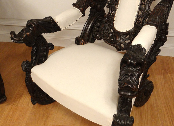 Pair of Large Carved Wood Armchairs Italy Venice Baroque Grape Vine 19th