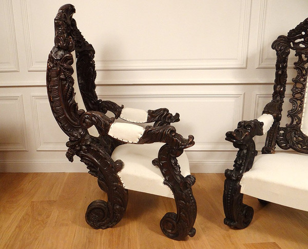 Pair of Large Carved Wood Armchairs Italy Venice Baroque Grape Vine 19th