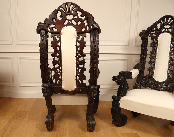 Pair of Large Carved Wood Armchairs Italy Venice Baroque Grape Vine 19th