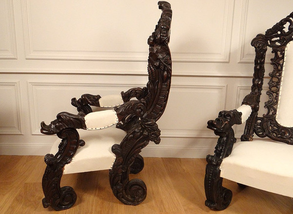 Pair of Large Carved Wood Armchairs Italy Venice Baroque Grape Vine 19th