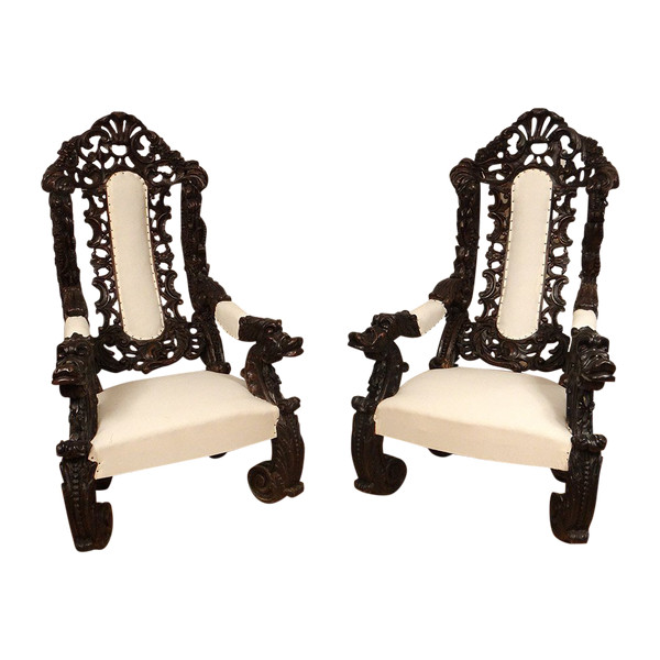 Pair of Large Carved Wood Armchairs Italy Venice Baroque Grape Vine 19th