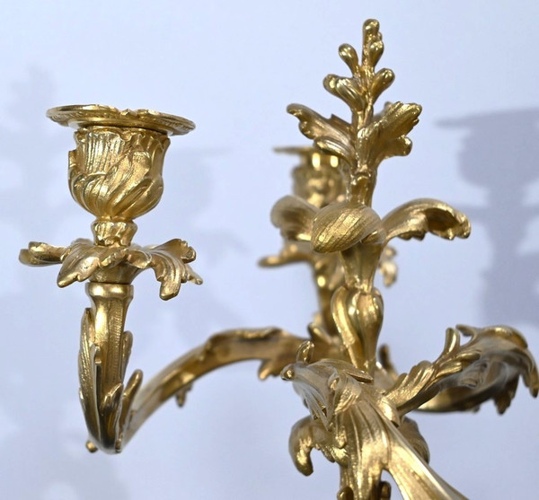 Coppia di candelabri in bronzo dorato, stile Luigi XV – Fine XIX secolo