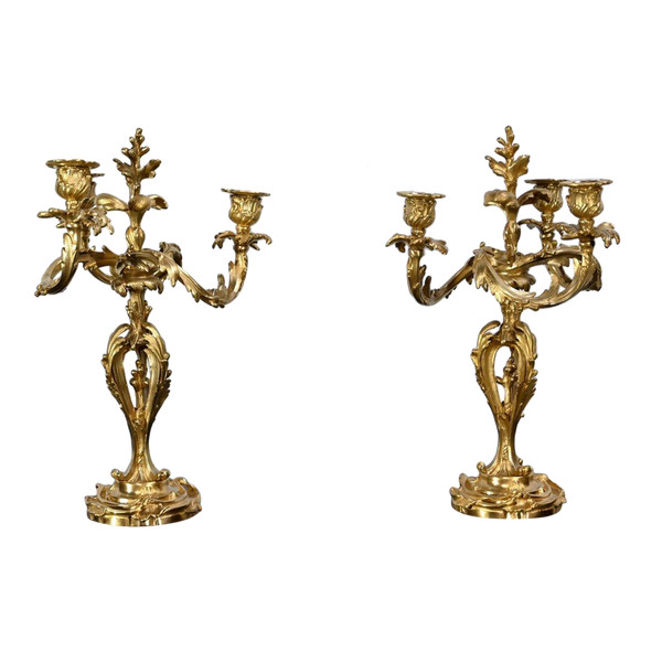 Coppia di candelabri in bronzo dorato, stile Luigi XV – Fine XIX secolo
