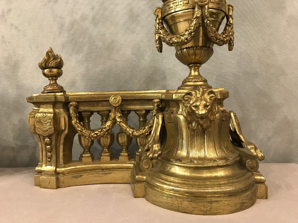 Beautiful old bronze andirons from the 19th century in Louis XVI style
