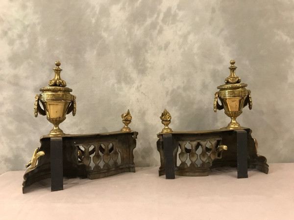 Beautiful old bronze andirons from the 19th century in Louis XVI style