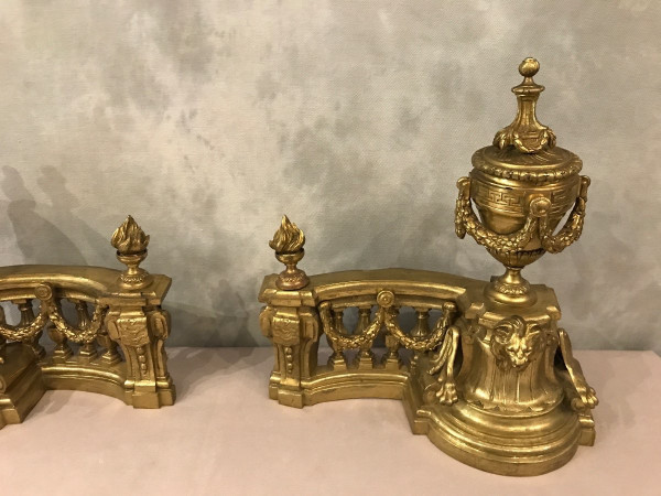 Beautiful old bronze andirons from the 19th century in Louis XVI style