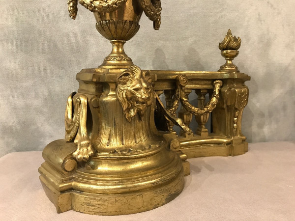 Beautiful old bronze andirons from the 19th century in Louis XVI style