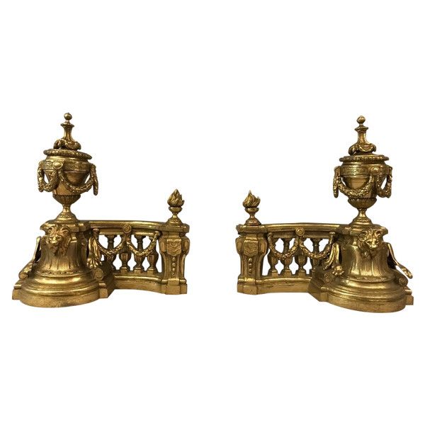 Beautiful old bronze andirons from the 19th century in Louis XVI style