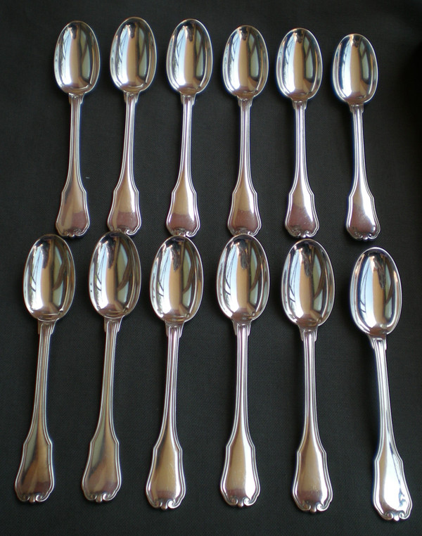 Schachtel mit 12 Mokkalöffeln aus massivem Silber von Têtard Frères