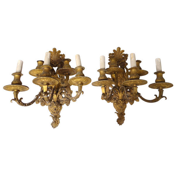 Pair of Large 5-light Regency Wall Lights Gilded Bronze Masks 19th century