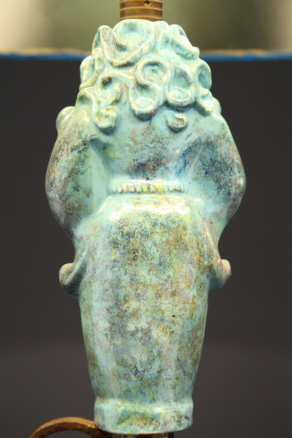 Tripod lampstand with blue ceramic figure