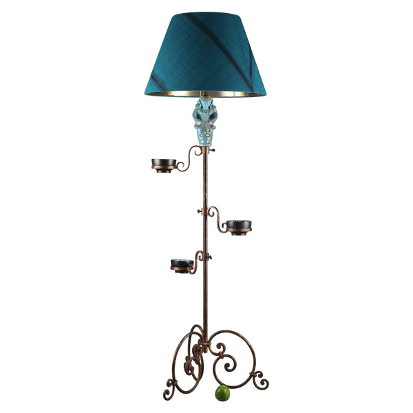 Tripod lampstand with blue ceramic figure