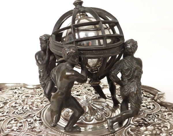 Encrier Bronze Sphère Armillaire Personnages Continents Lerolle Frères XIXè