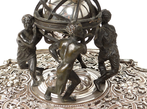 Encrier Bronze Sphère Armillaire Personnages Continents Lerolle Frères XIXè