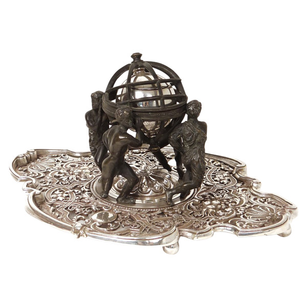 Encrier Bronze Sphère Armillaire Personnages Continents Lerolle Frères XIXè