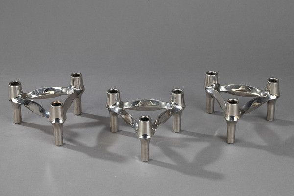 Set of 3 Chrome-Plated Metal Candlesticks by BMF