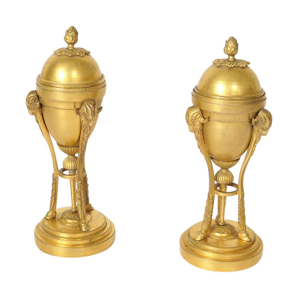 Paire Cassolettes Bougeoirs Bronze Doré Béliers Napoléon III XIXème