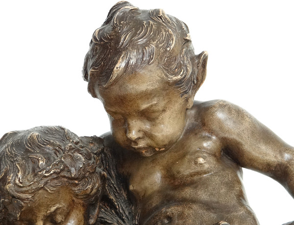 Sculpture Terre Cuite Charles Perron Jeunes Faunes Satyres Chèvre XIXème