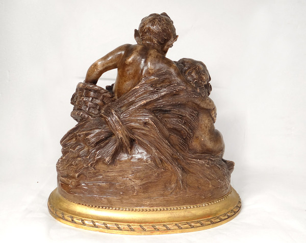 Sculpture Terre Cuite Charles Perron Jeunes Faunes Satyres Chèvre XIXème