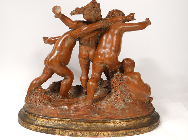 Grande Sculpture Carrier-Belleuse Terre Cuite Bacchanale Putti Dansant XIXè