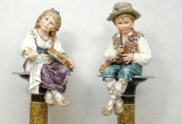 Sculptures Faïence Majolique Wilhelm Schiller Enfants Gitans Autriche 160cm