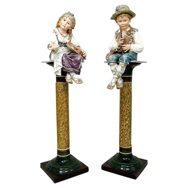 Sculptures Faïence Majolique Wilhelm Schiller Enfants Gitans Autriche 160cm