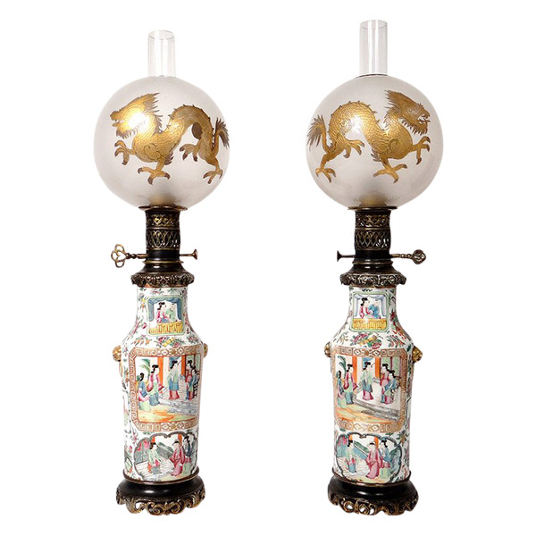Paire Lampes Pétrole Porcelaine Canton Boule Cristal Saint-Louis Bronze 19è