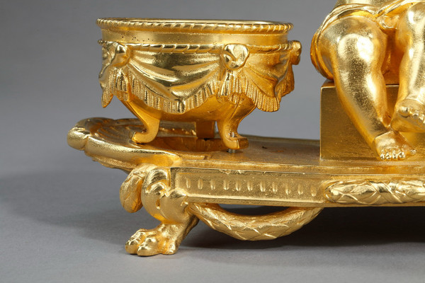 Gilt bronze inkwell, "L'Amour timbalier", Louis XVI style