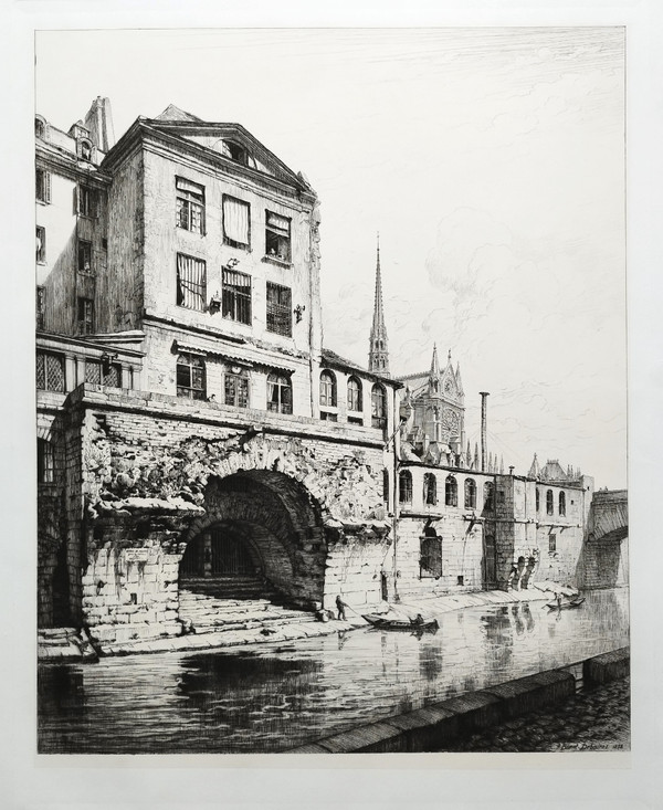 Paris Hôtel-Dieu Etching by Brunet Debaines Engraving Old Print