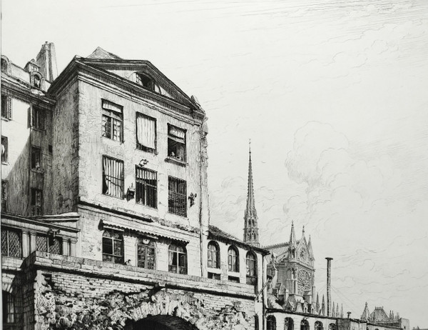 Paris Hôtel-Dieu Etching by Brunet Debaines Engraving Old Print