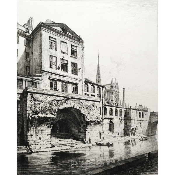 Paris Hôtel-Dieu Etching by Brunet Debaines Engraving Old Print